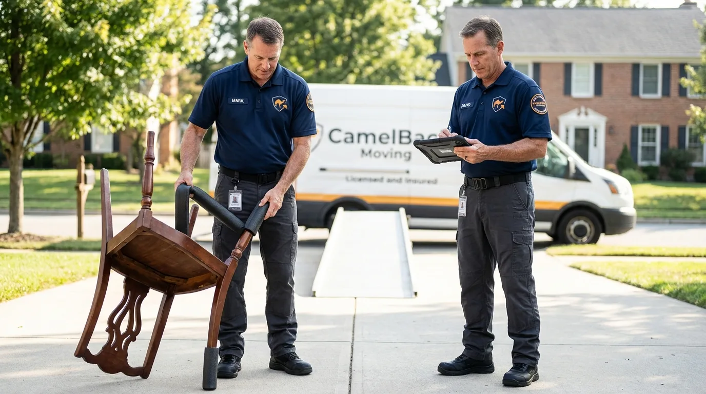 Movers inspecting furniture for damage prevention before loading in Ionia, MI