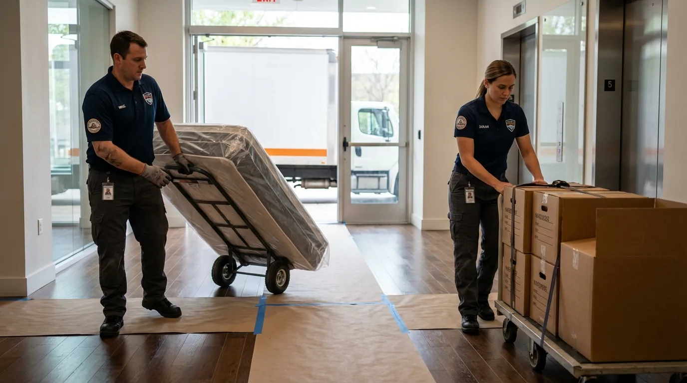 Professional apartment movers loading elevator in Ionia, MI