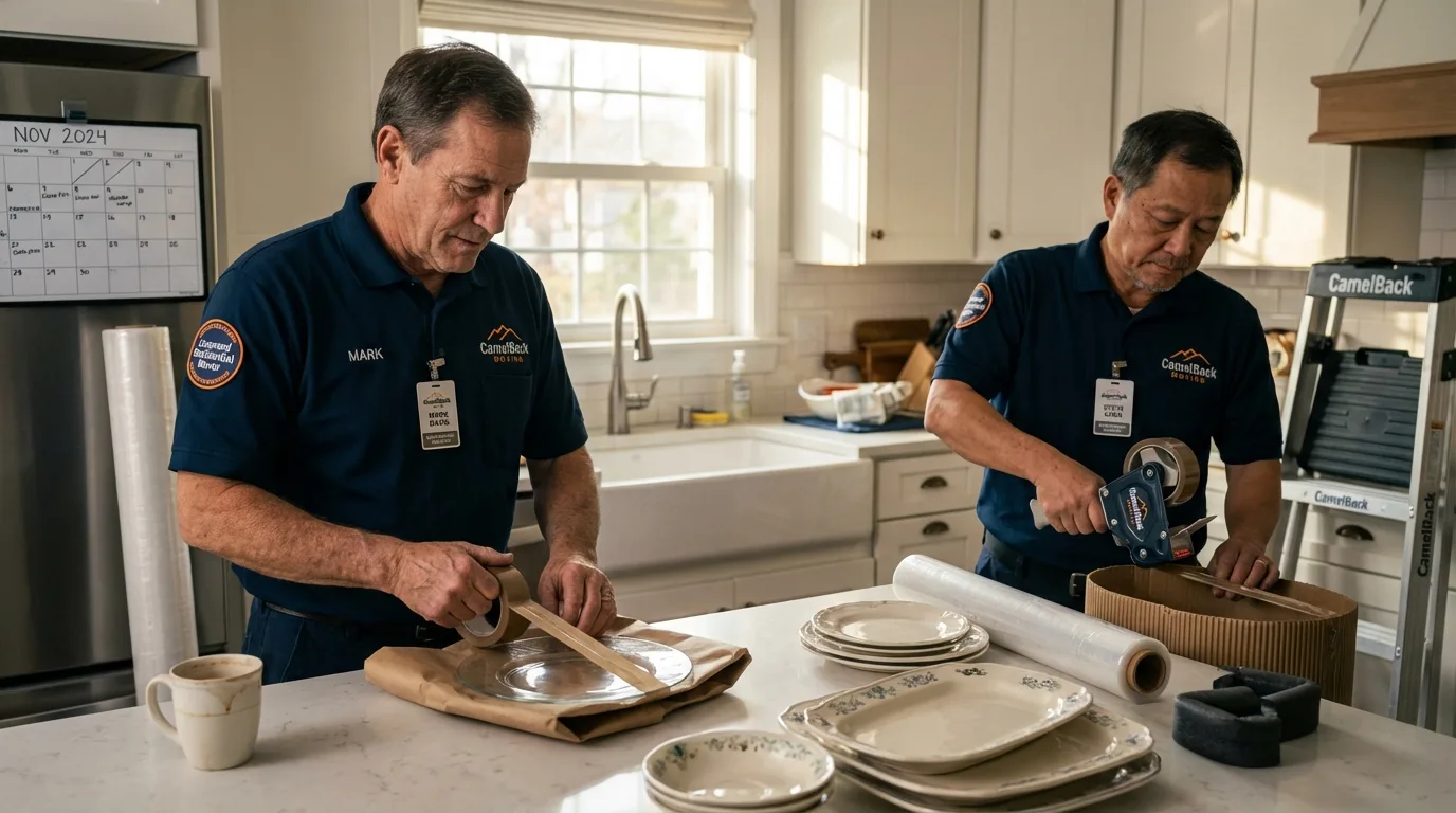 Professional crew packing kitchen dishware in Ionia, MI